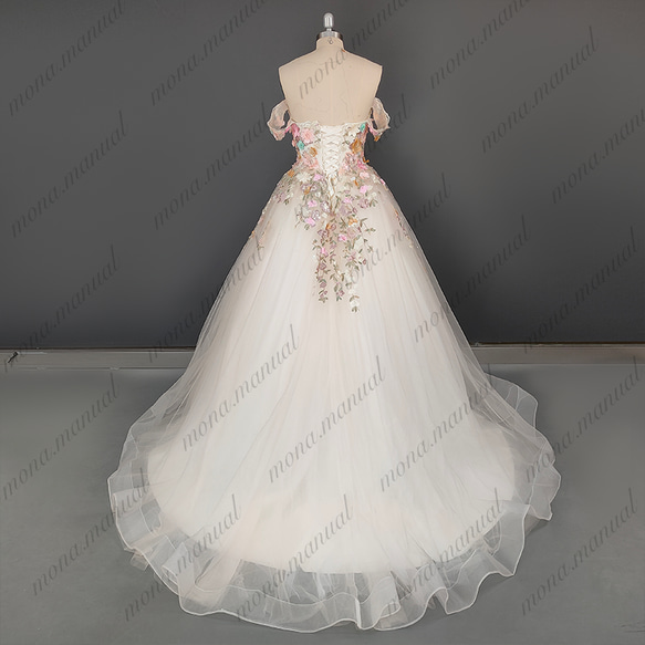 オフショルダー カラードレス 花柄 ウェディングドレス 二次会 結婚式 前撮りドレス 606 2枚目の画像