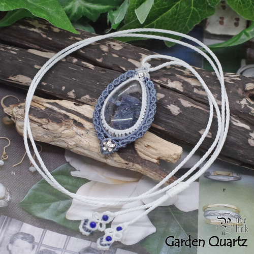大きめ ガーデンクォーツ （水晶庭園）のマクラメ編みネックレス 高