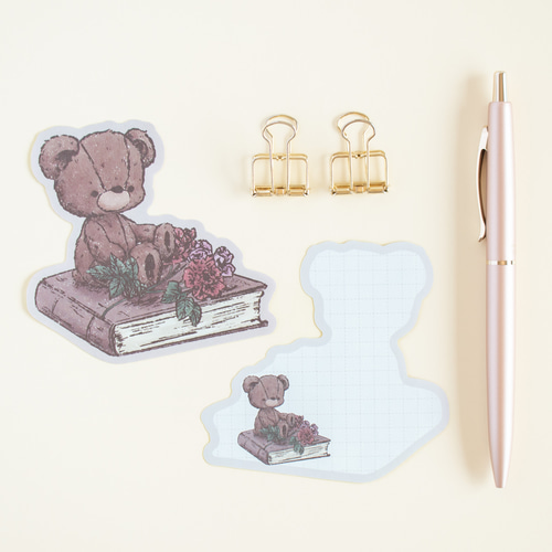 ダイカットメモ - 本と花とテディベア (くま) メモ帳 Vintage