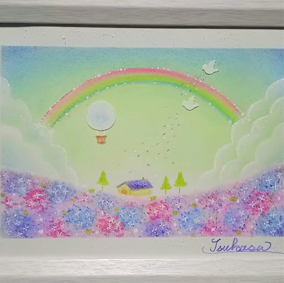 パステルアート　大空から紫陽花色の丘への贈り物　パステル画原画 2枚目の画像