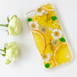『オレンジ＆紫陽花』iPhone15Pro/SE/Xperia10IV/GALAXYS23 スマホリング 押し花ケース 2枚目の画像