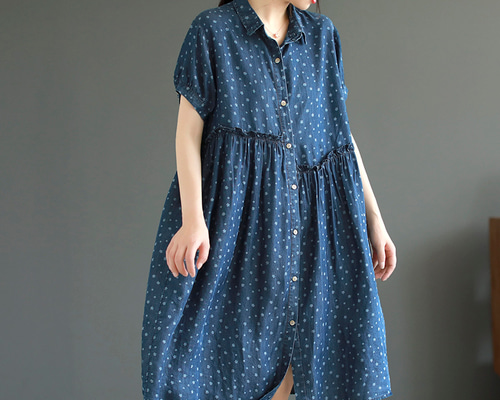 MM6 チュニックワンピース若草色　新品　リネン しなやかレーヨン ボタニカル柄 チュニックワンピース（7分袖