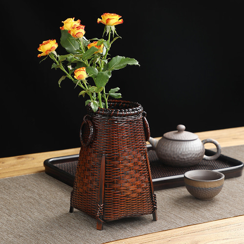 レア珍品！芸術美★漆塗り竹編み花入れ25cm竹編籠【竹製 花器】天然竹製 花入 花生 小物入れ 菓子器 喰籠 収納 華道 茶道具 おすすめ！ 渡辺竹清作 鳳尾竹乱れ編み花籠（Japanese bamboo art by Chikusei