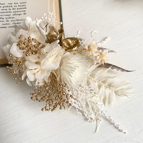 ドライフラワー ヘアクリップ ホワイト＆ゴールド ワタカラ