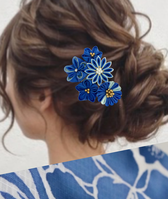 靛藍頭飾胸花旋鈕工作藍色靛藍深藍和服頭髮七五三花浴衣和服成人儀式和服 第3張的照片