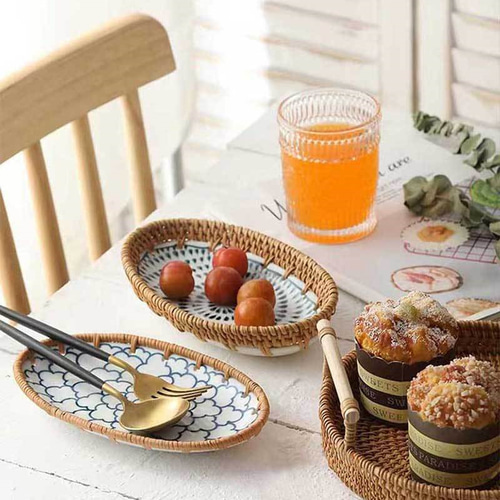 藤編みフルーツ皿：おしゃれな食卓を演出する陶器果物皿 大皿 Jaycoco