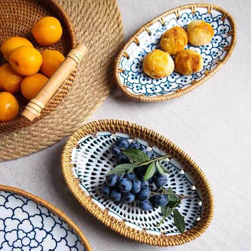 藤製フルーツ皿おやつ皿家庭用陶磁器盆茶テーブル収納皿 大皿 Jaycoco