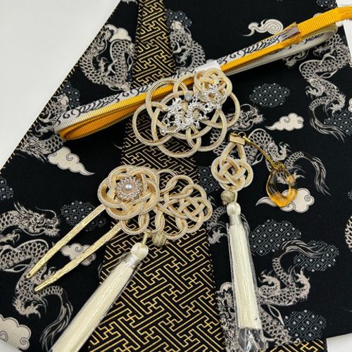 4501木綿半幅帯 龍柄 豪華水引3点 絹帯締め 龍の帯留め 浴衣 kanoco92  