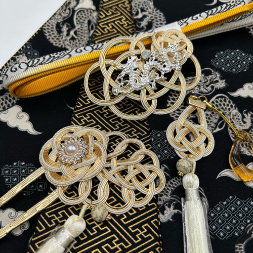 4501木綿半幅帯 龍柄 豪華水引3点 絹帯締め 龍の帯留め 浴衣 kanoco92  