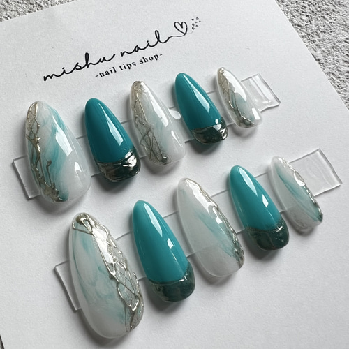 33 ターコイズブルー×ニュアンス×シルバーミラーネイル ネイルチップ