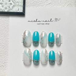 33 ターコイズブルー×ニュアンス×シルバーミラーネイル ネイルチップ