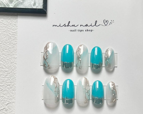 yuko ネイルチップ フルオーダー 3種類 ターコイズマリンネイル- ネイルチップ専門店ミチネイル