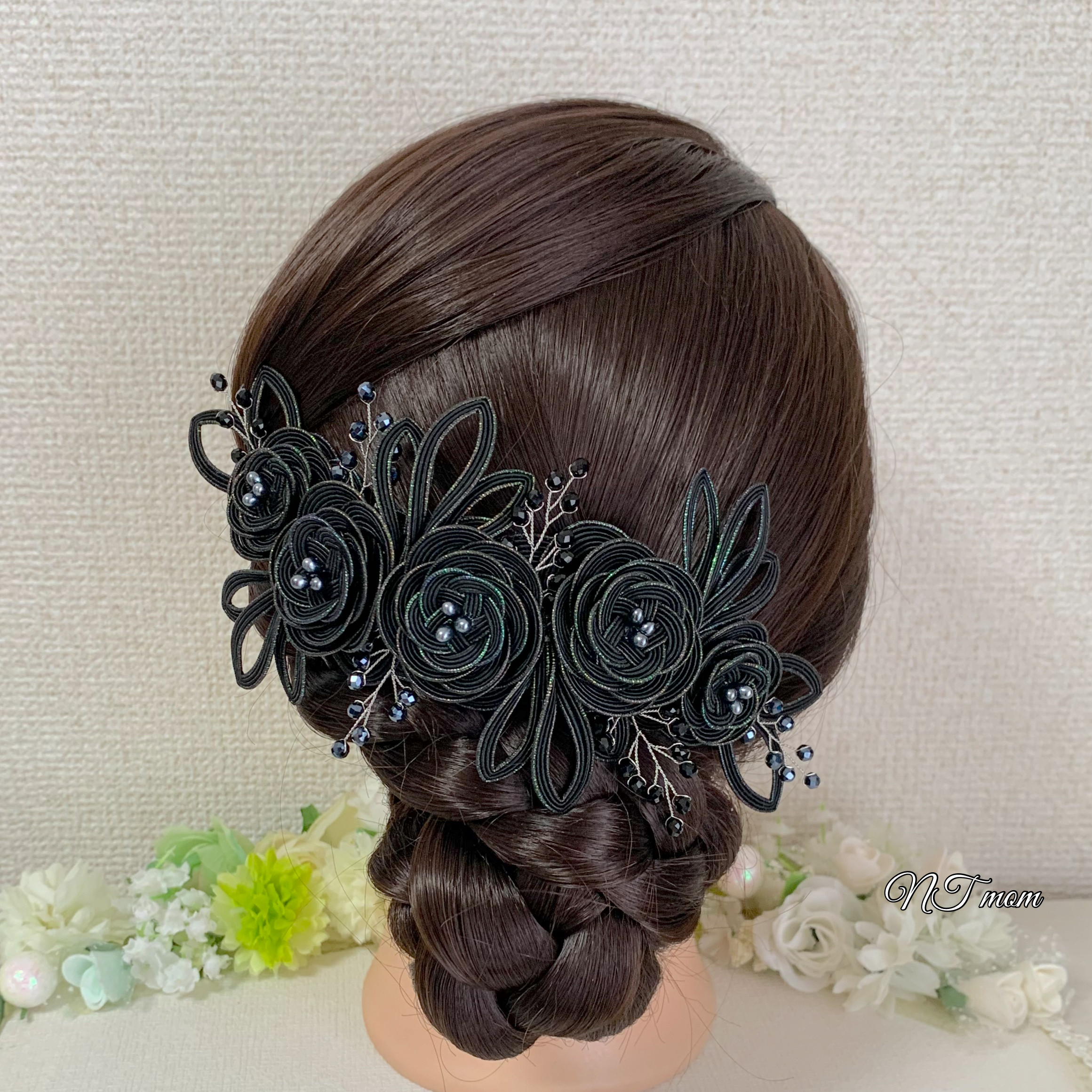 成人式結婚式卒業式・和装水引髪飾り・五つ三重大梅・ブラック