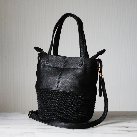 本革遣いのかごバッグ 編みバッグ 巾着バッグ ショルダー ハンドバッグ B-165 2枚目の画像