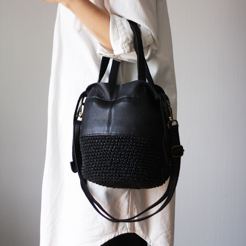 本革遣いのかごバッグ 編みバッグ 巾着バッグ ショルダー ハンドバッグ