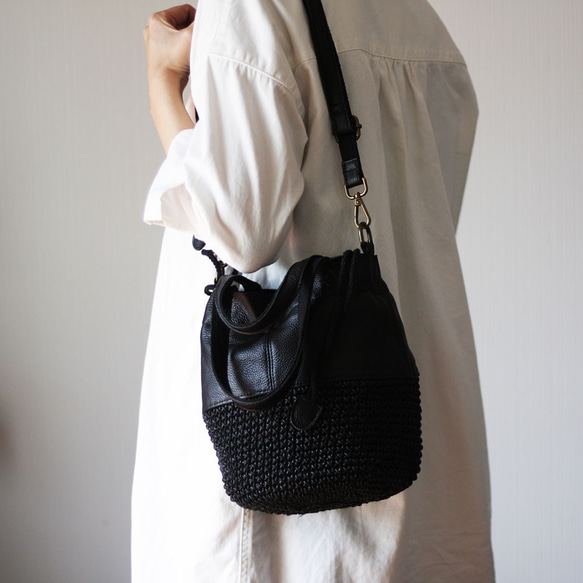 本革遣いのかごバッグ 編みバッグ 巾着バッグ ショルダー ハンドバッグ B-165 8枚目の画像