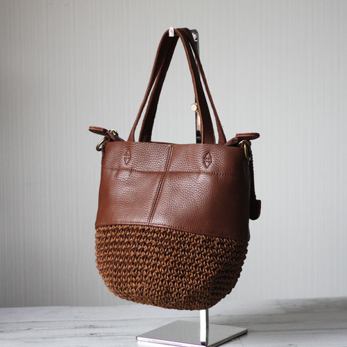 本革遣いのかごバッグ 編みバッグ 巾着バッグ ショルダー ハンドバッグ