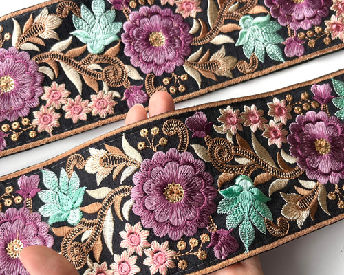50cm】インド刺繍リボン ブラックxパープル シルク GS750 リボン
