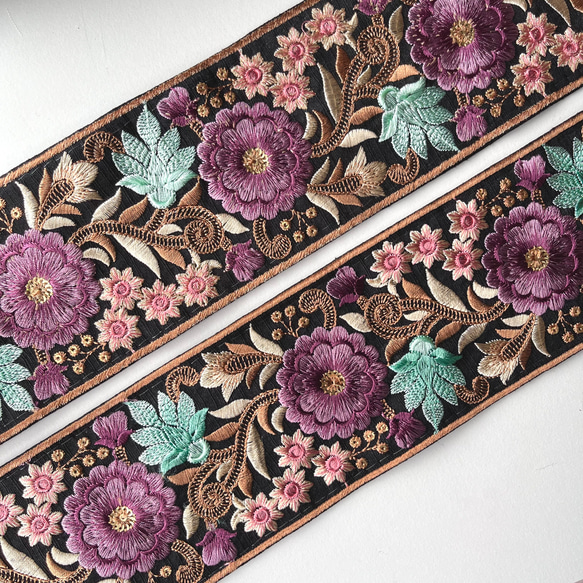 【50cm】インド刺繍リボン　ブラックxパープル　シルク　GS750 5枚目の画像