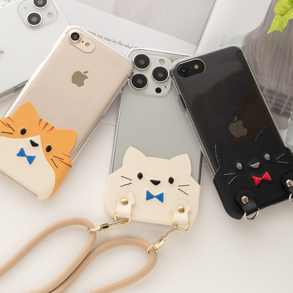 旅のお供に！ 全機種対応 スマホケース ちょいまる 【 刺繍 リボン 猫 】 スマホショルダー クリア A215I 1枚目の画像