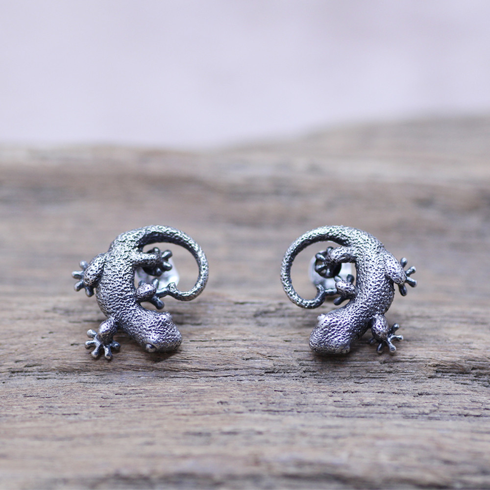 ヤモリのシルバーピアス/阿吽