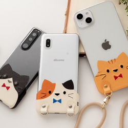 旅のお供に！ 全機種対応 スマホケース ちょいまる 【 刺繍 リボン 猫 02 】 スマホショルダー クリア A216I 1枚目の画像