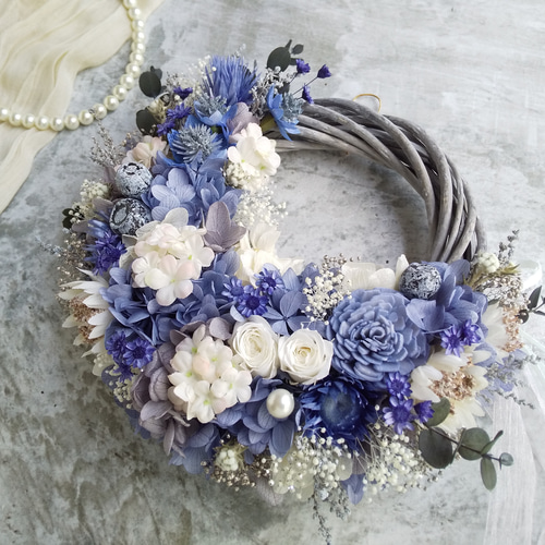 Bleu romantique＞＊紫陽花＊ハーフムーンリース＊三日月リース