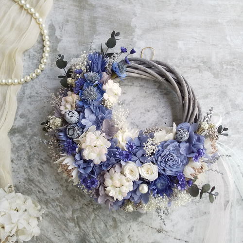 Bleu romantique>*紫陽花*ハーフムーンリース*三日月リース Bleu romantique>*紫陽花*ハーフムーンリース*三日月リース