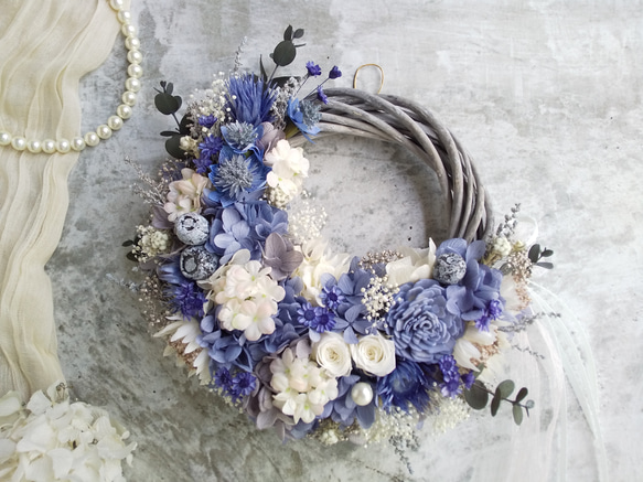 Bleu romantique>*紫陽花*ハーフムーンリース*三日月リース Bleu romantique>*紫陽花*ハーフムーンリース*三日月リース
