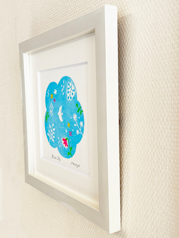 見上げる青空の木版画 / 額入り / アート / インテリア 3枚目の画像