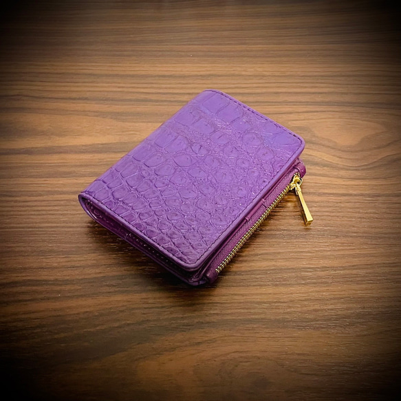 日本製クロコダイル/ピンク財布/二つ折り/コンパクト