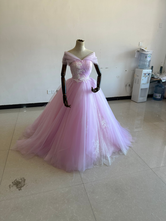 大人気上昇！カラードレス ピンク紫 取り外し可能オフショル  