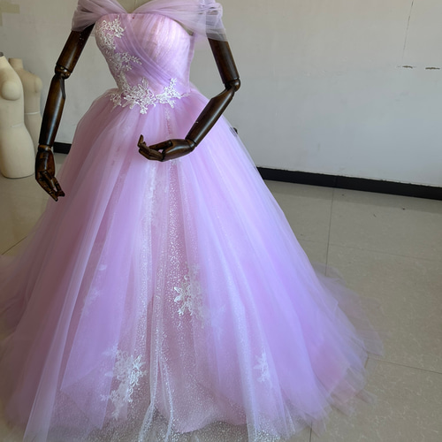 大人気上昇！カラードレス ピンク紫 取り外し可能オフショル  