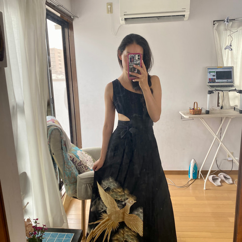 アシンメトリー カットアウト ブラック 着物リメイクシルク  