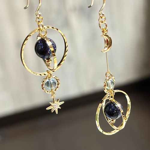 時計、ピアス、指輪その他まとめ売り 受注製作】くるくるリング月星惑星アシンメトリー☆ピアスor