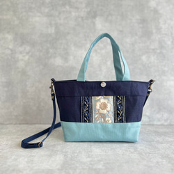インド刺繍×帆布 2wayミニトートバッグ/ショルダーバッグ〈ブルー×ネイビー〉 1枚目の画像