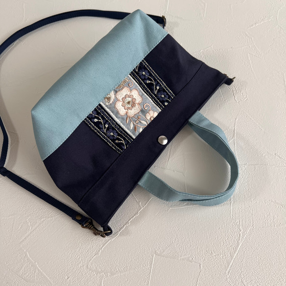 インド刺繍×帆布 2wayミニトートバッグ/ショルダーバッグ〈ブルー×ネイビー〉 6枚目の画像