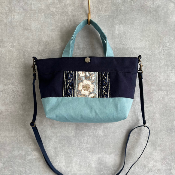 インド刺繍×帆布 2wayミニトートバッグ/ショルダーバッグ〈ブルー×ネイビー〉 10枚目の画像