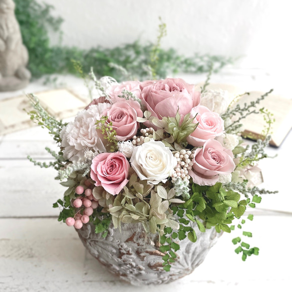 ＊*..Rose garden..＊°..英国風アレンジ　プリザーブドフラワー ローズフラワーガーデン＊お部屋に作る薔薇の庭アレンジメント