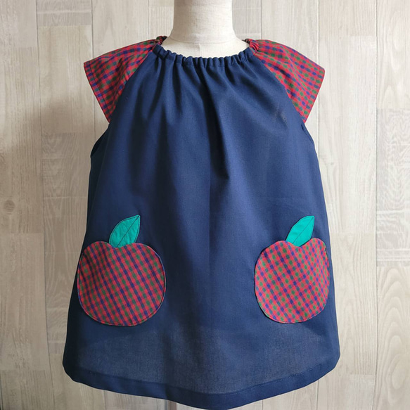 ◾️80～150size りんごポケット タータンチェック 赤 半袖スモックショート袖 1枚目の画像