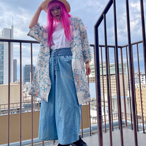 着物リメイク1点もの 綸子の花柄 羽織ロングカーディガン カーディガン