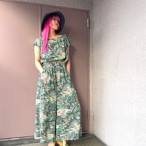 着物リメイク セットアップ Tブラウスとワイドパンツ 縮緬グリーン 