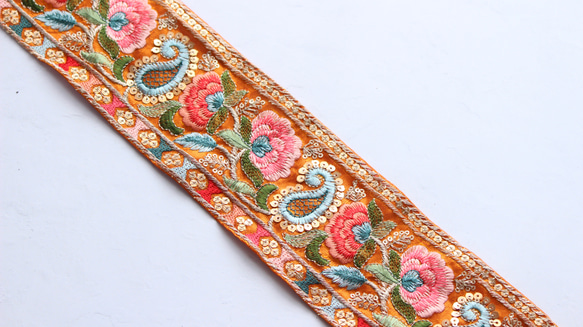 1394 新作*カラフルインド刺繍リボンタッセル*ピンクオレンジカボション 1394 新作*カラフルインド刺繍リボンタッセル*ピンクオレンジ