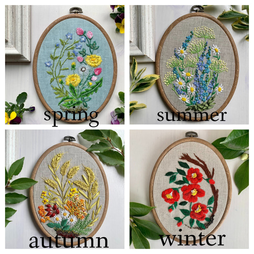 受注製作】summer garden 涼やかなブルーフラワー 手刺繍タペストリー