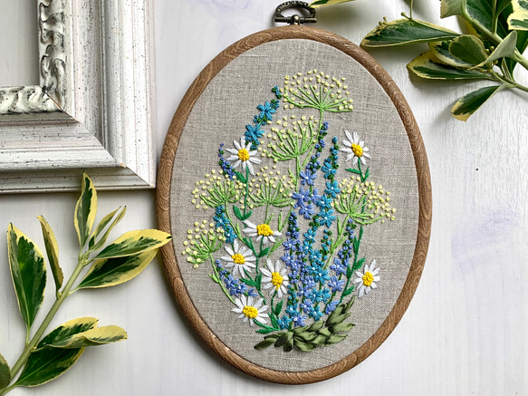 受注製作】summer garden 涼やかなブルーフラワー 手刺繍タペストリー