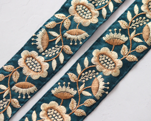 インド刺繍リボン No.7【ピーコックグリーン】 インド刺繍/刺繍リボン