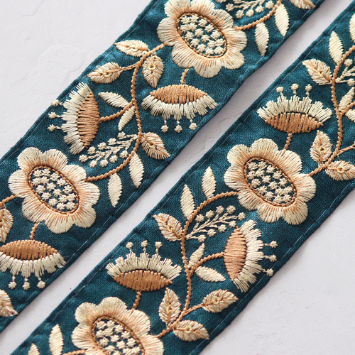 インド刺繍リボン No.7【ピーコックグリーン】 インド刺繍/刺繍リボン