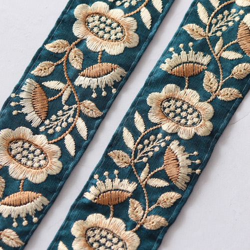インド刺繍リボン インド刺繍リボン No.7【ピーコックグリーン】 インド刺繍/刺繍リボン