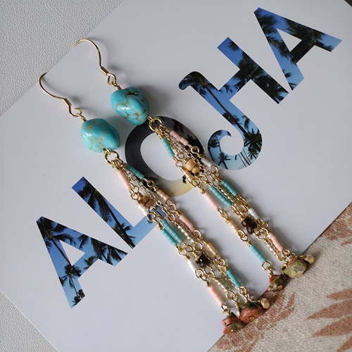 くすみ色ビーズと天然石のピアス/イヤリング ピアス（フック・チェーン