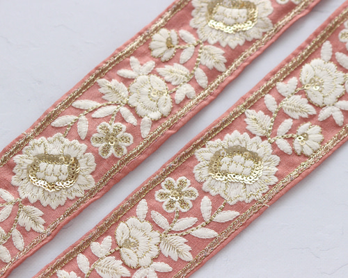インド刺繍リボン No.8【ピンク】 インド刺繍/刺繍リボン/刺繍